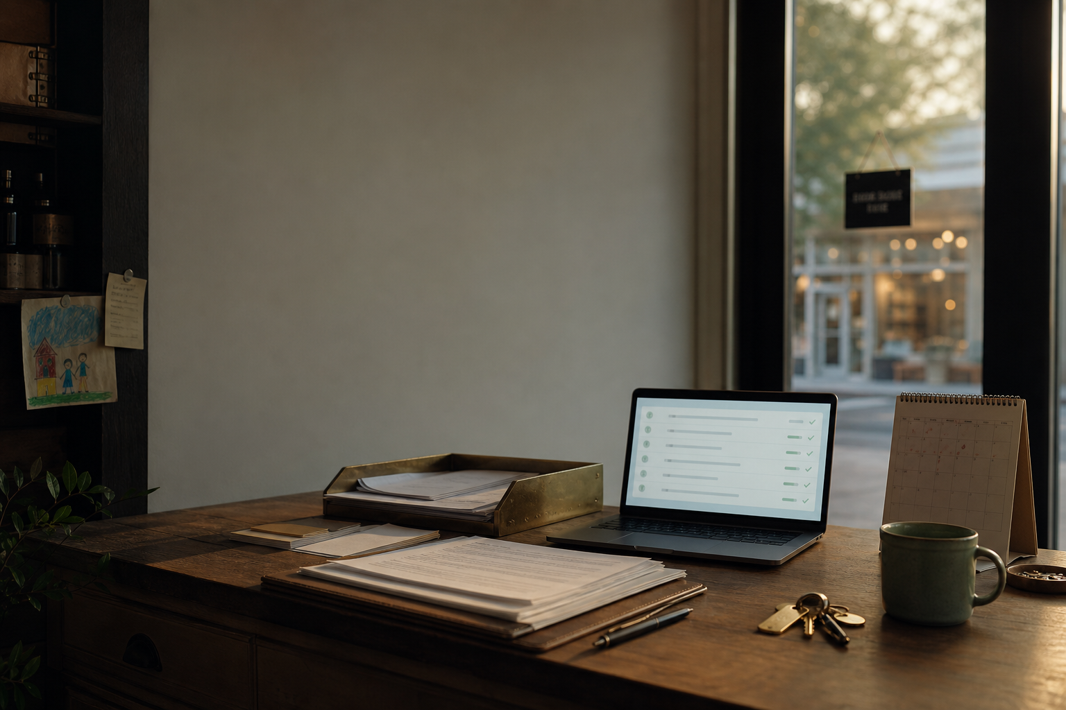 A quiet small business desk with completed paperwork, a laptop showing finished tasks, keys, a calendar, and a child's drawing.
